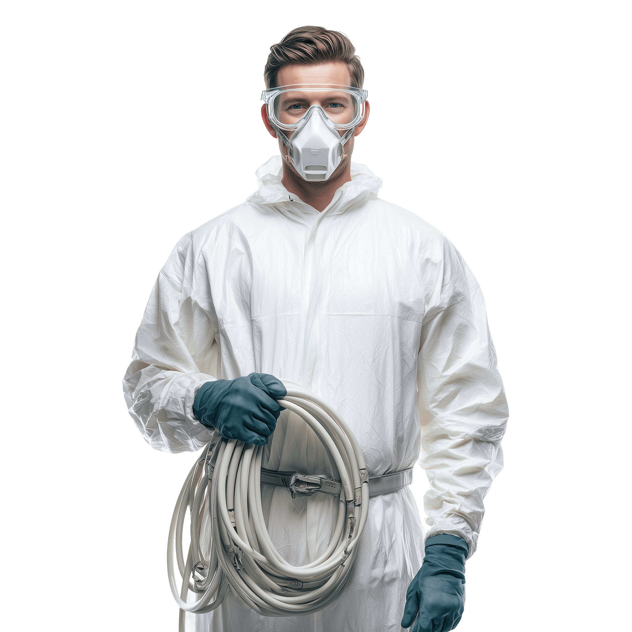 Worker in protective equipment with dust control system