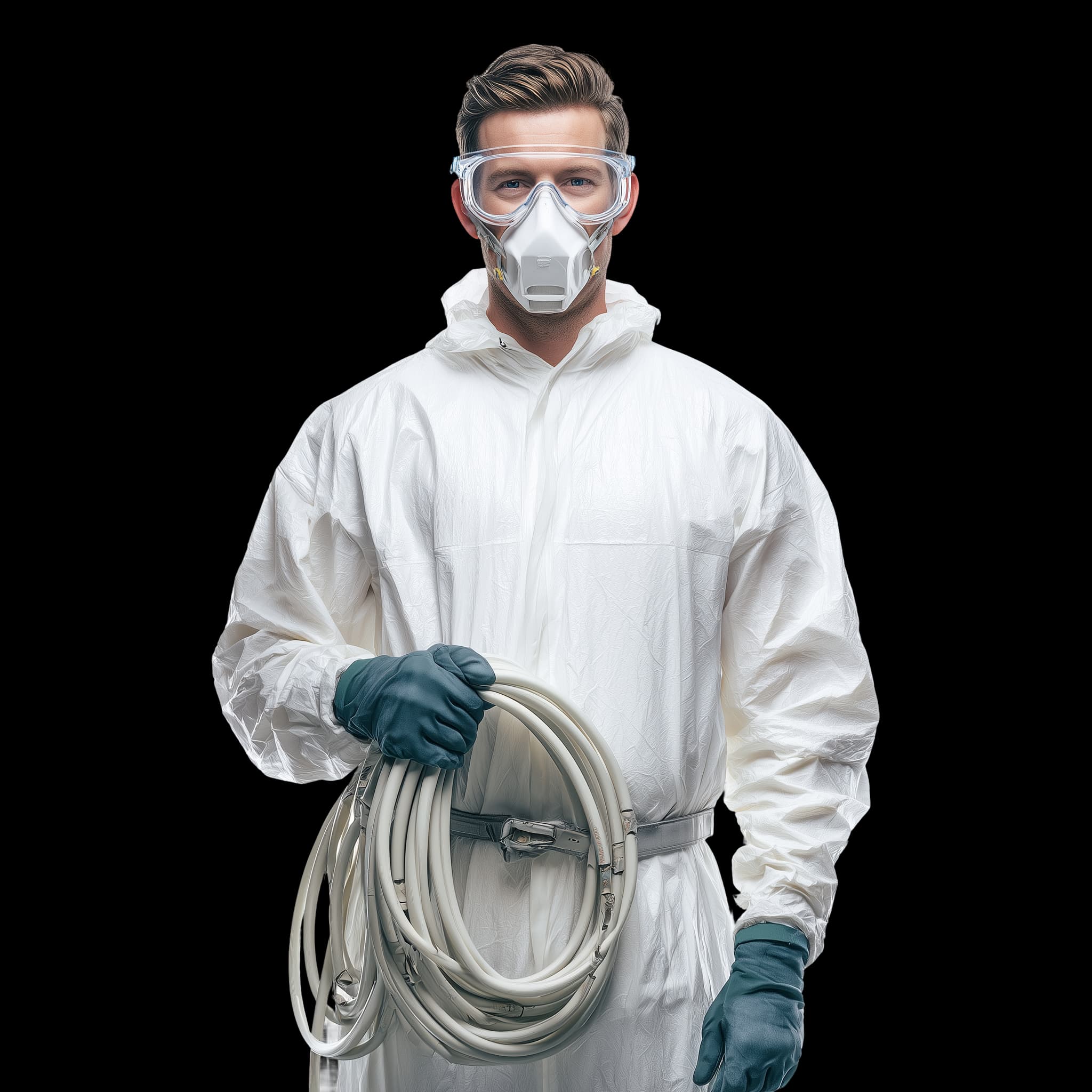 Worker in protective equipment with dust control system